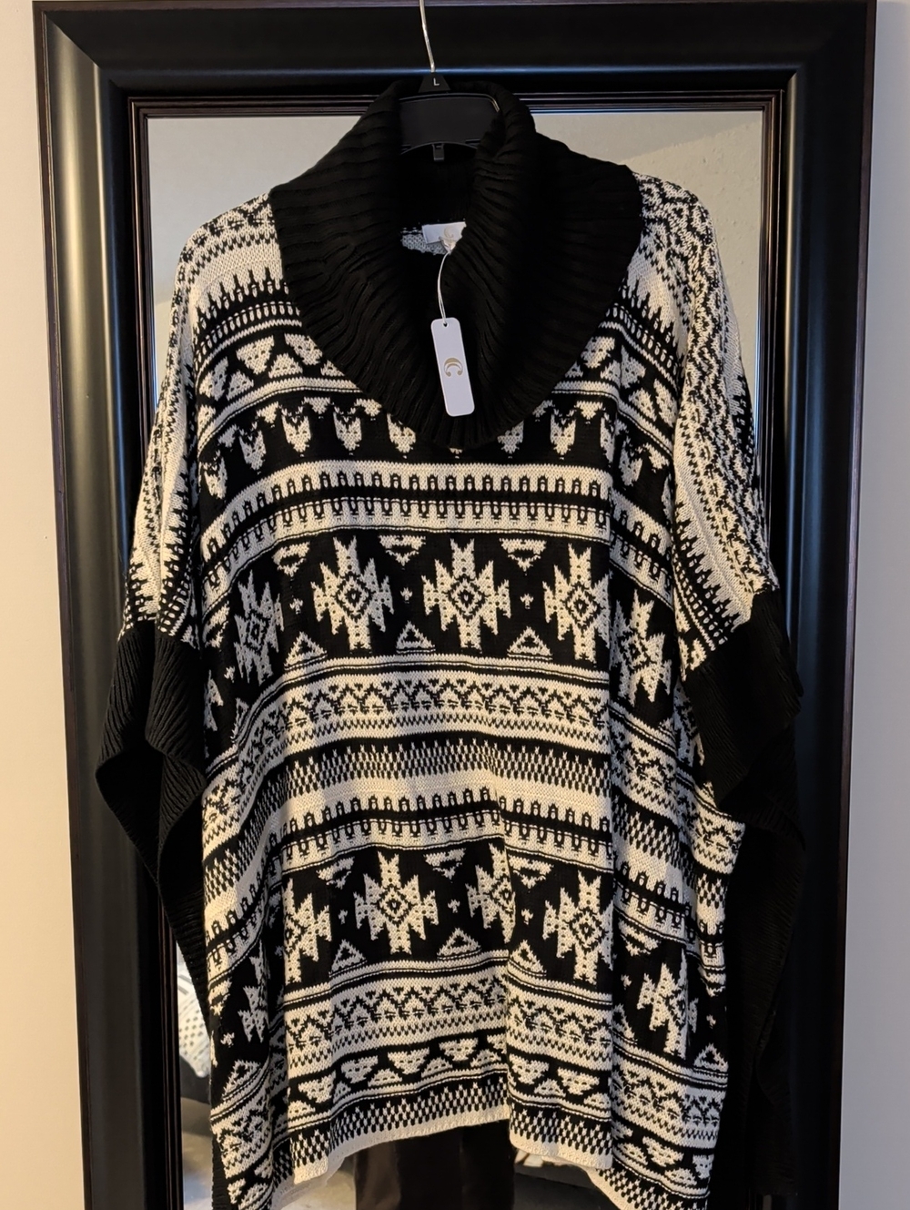 Black & White Fair Isle Cowl Neck Women's Oversized Poncho Sweater